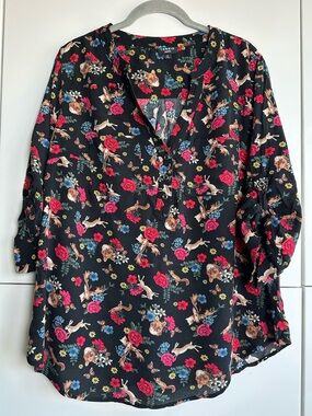 Torrid Harper Blouse Novelty Woodland Animal Print Roses Size 0 (Large) Black